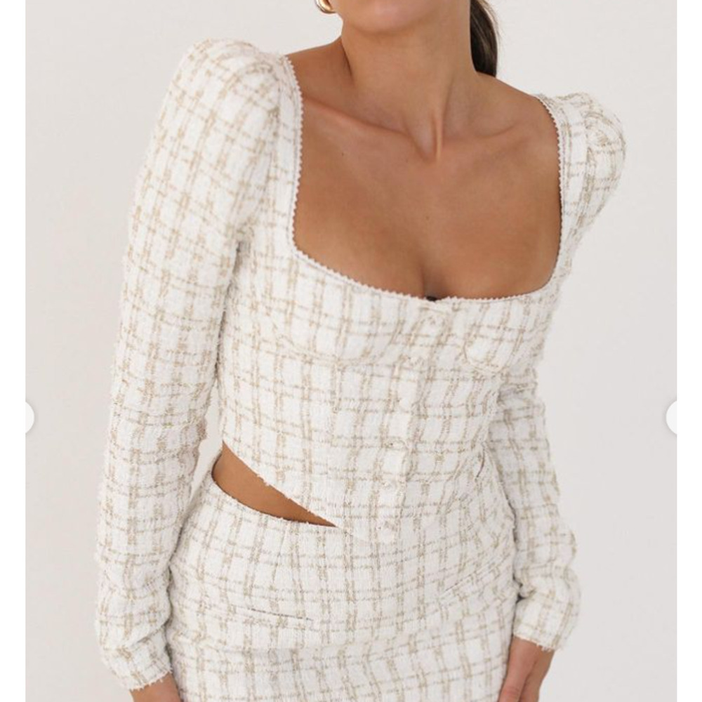 Rumored Charlotte Tweed Bustier Top White Gold Pearl Shimmer Size Small NWT